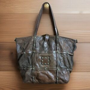 Campomaggi Large Studded Leather Purse Tote Bag Perforated Brown Cognac